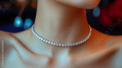 Elegant woman showcasing a sparkling bracelet in a festive setting during the...