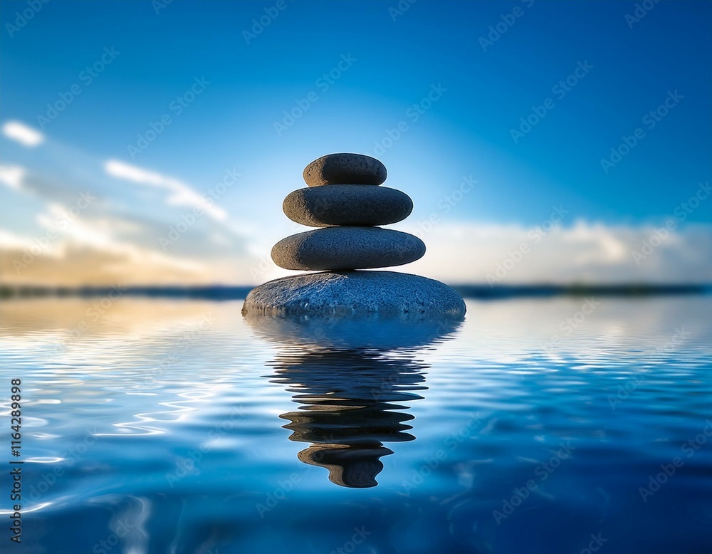 a tranquil spa inspired scene with smooth stacked stones balanced above a reflective water surface the calming blue tones evoke feelings of serenity and balance a tranquil spa inspired scene with smooth stacked stones balanced above a reflective water surface the calming blue tones evoke feelings of serenity and balance