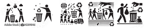 Vector collection of symbols of people throwing rubbish in the right place