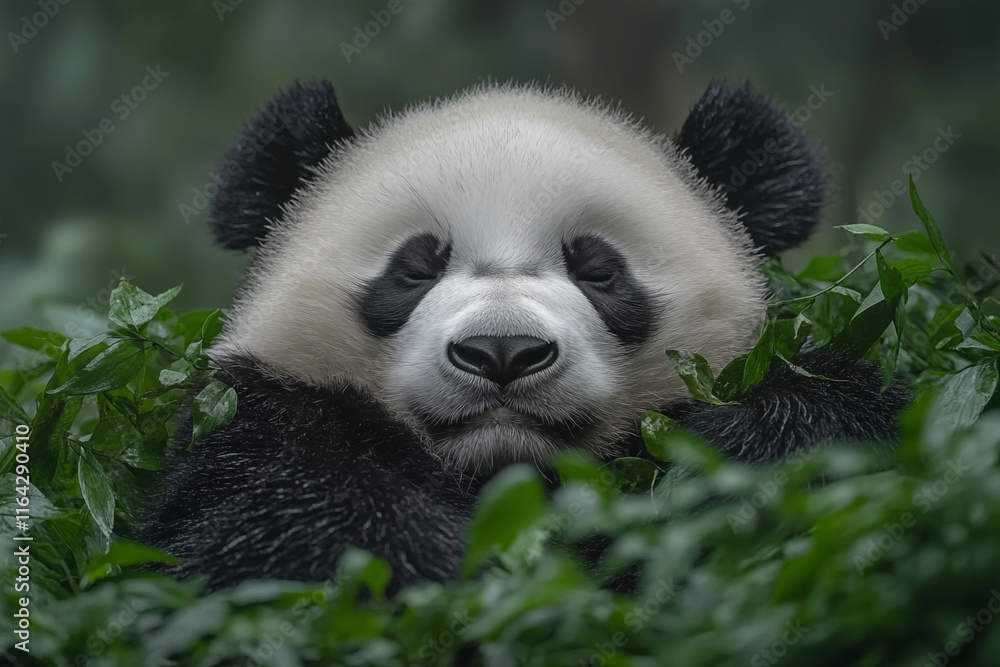 Obraz premium Adorable giant panda in the wild, captured in a breathtaking extreme close-up. Showcasing its expressive eyes, soft fur, and iconic black-and-white markings in stunning detail.