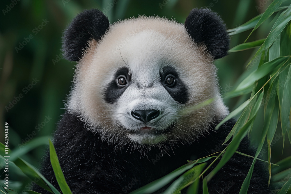 Fototapeta premium Adorable giant panda in the wild, captured in a breathtaking extreme close-up. Showcasing its expressive eyes, soft fur, and iconic black-and-white markings in stunning detail.