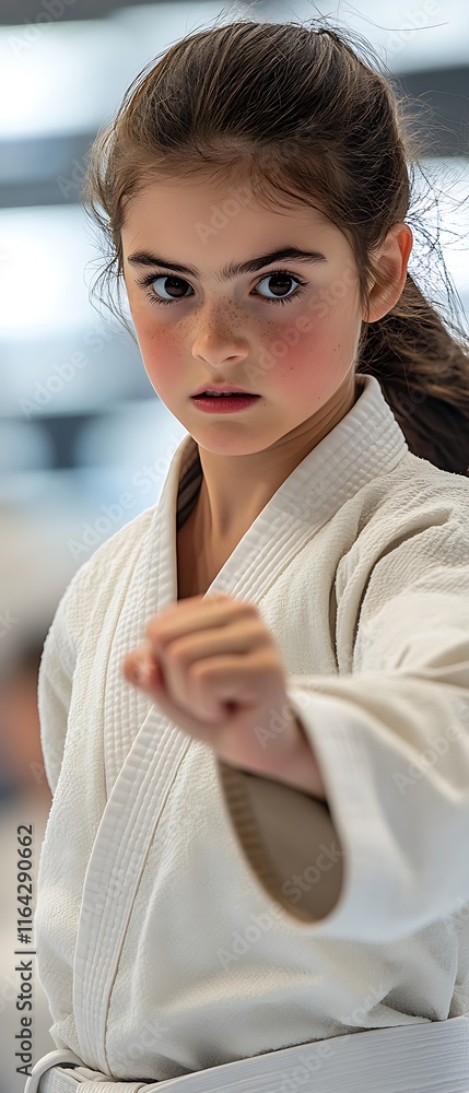 Focused Karate Kid: A determined young girl in a pristine white karate gi, her eyes fixed on the unseen opponent, embodies focus, discipline, and the spirit of martial arts. Focused Karate Kid: A determined young girl in a pristine white karate gi, her eyes fixed on the unseen opponent, embodies focus, discipline, and the spirit of martial arts.