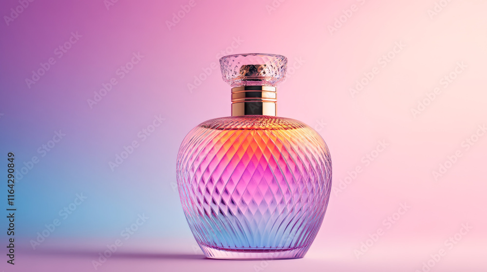 Elegant glass perfume bottle with gradient colors on pastel background Elegant glass perfume bottle with gradient colors on pastel background