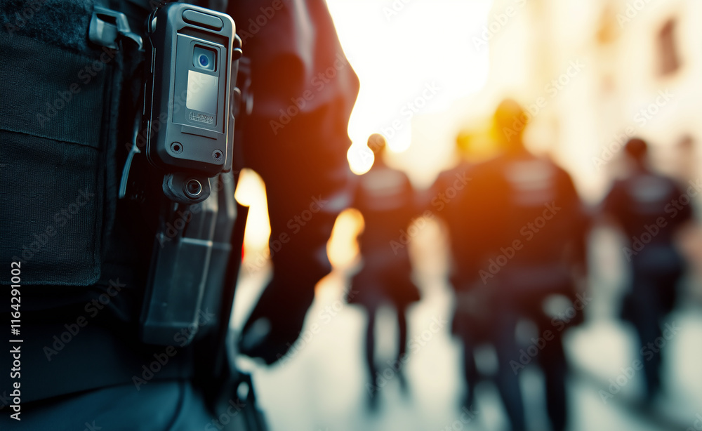 Obraz premium Close-up of a police officer's uniform and body camera with blurred officers in the background, symbolizing law enforcement and surveillance.