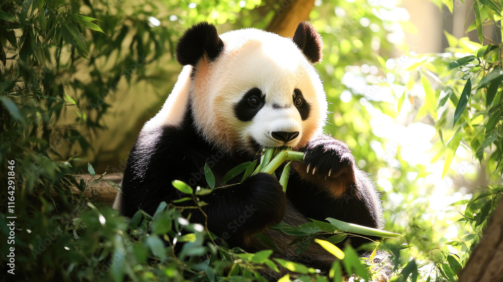 Obraz premium Playful giant panda eating bamboo in lush green habitat