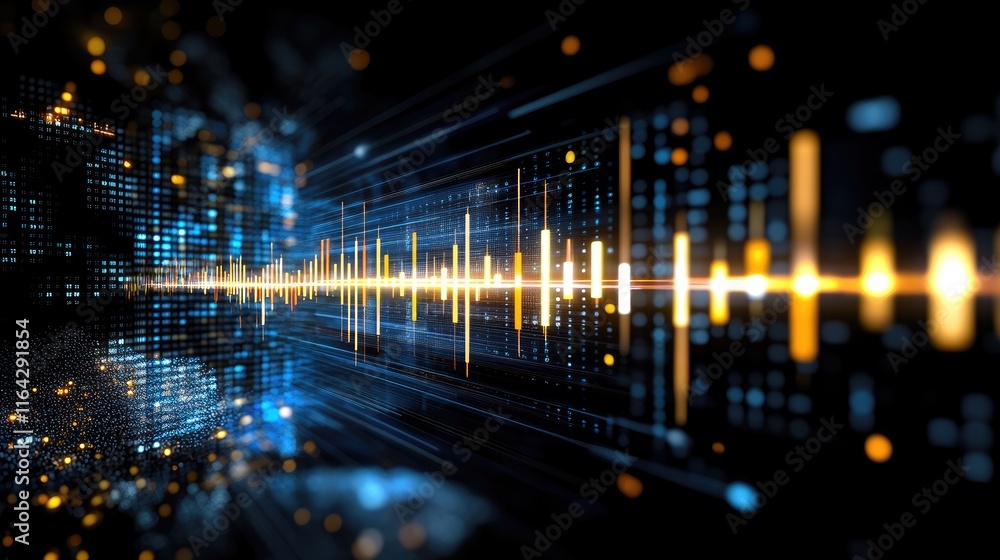 Financial concept shows stock market dynamics with a rising candlestick chart against a blue background and a blurred world map