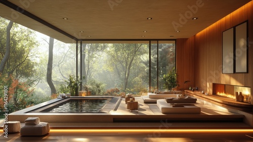 Relaxing spa room with a hot tub overlooking a serene forest landscape in the...