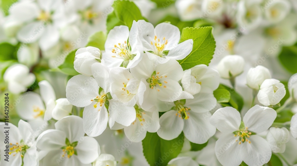 A zoomed-in image of several white blossoms, surrounded by green foliage at their base and crown A zoomed-in image of several white blossoms, surrounded by green foliage at their base and crown