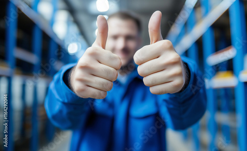 Smiling worker in a blue uniform giving two thumbs up in a brightly lit warehouse environment, symbolizing satisfaction and teamwork. photo