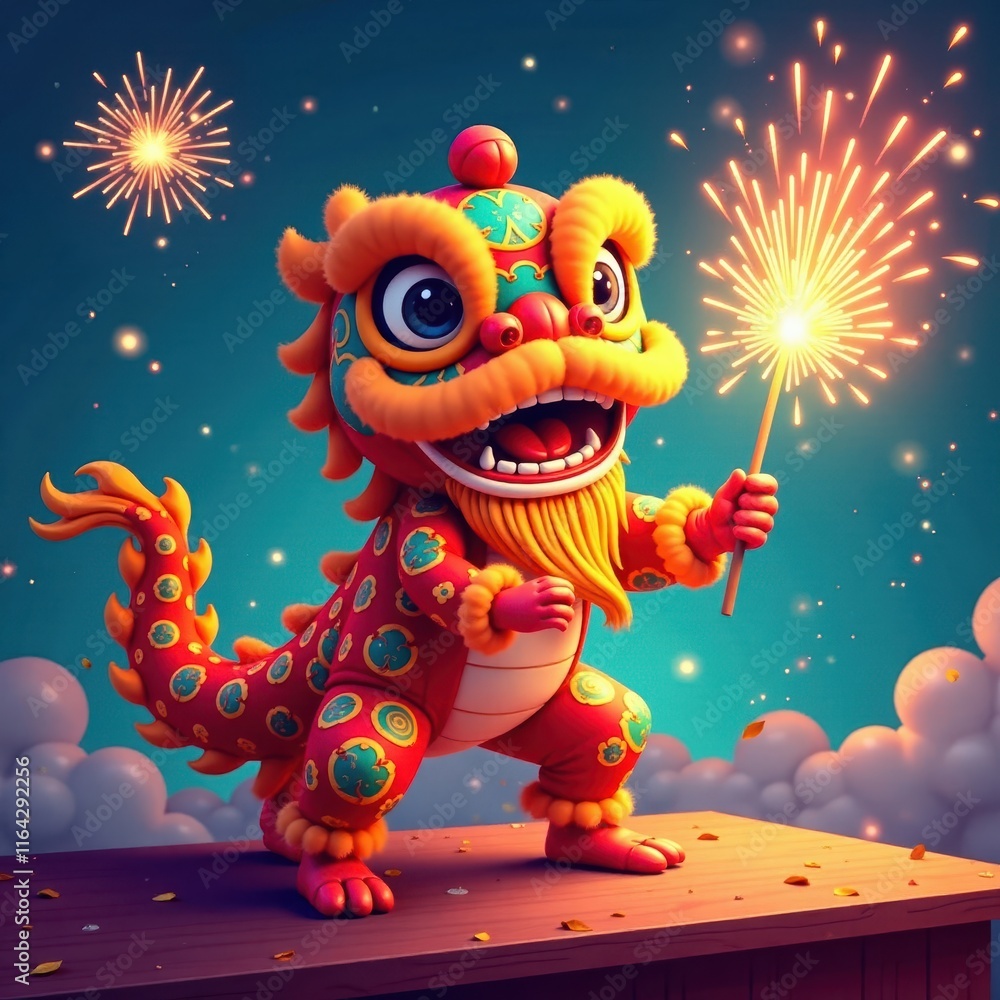 Naklejka premium Vibrant lion dance, exploding firecrackers, vector art , graphic, festival, energy