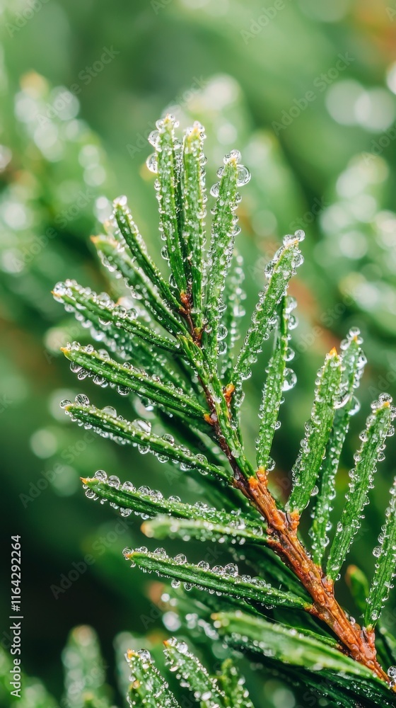 Close-Up of Fresh Evergreen Pine Needles with Water Droplets and Sparkling Texture Illuminated by Natural Light, Creating a Lush Green Accent Close-Up of Fresh Evergreen Pine Needles with Water Droplets and Sparkling Texture Illuminated by Natural Light, Creating a Lush Green Accent