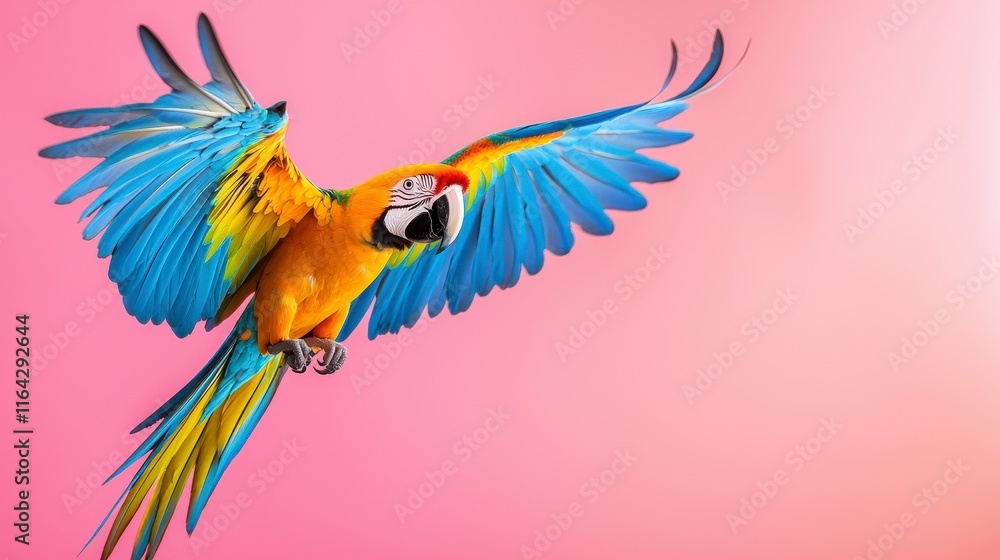 Fototapeta premium Vibrant Macaw Flying Against Soft Pink Background with Bright Feathers