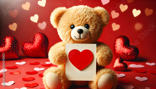 teddy bear holding a love valentine greeting card, with hearts on a red background