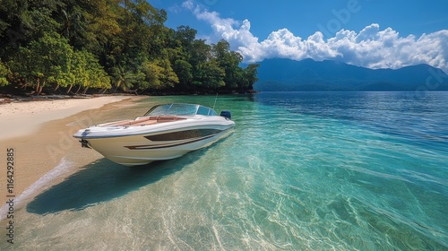 Relaxing at a stunning tropical beach with a boat anchored in the clear turqu...