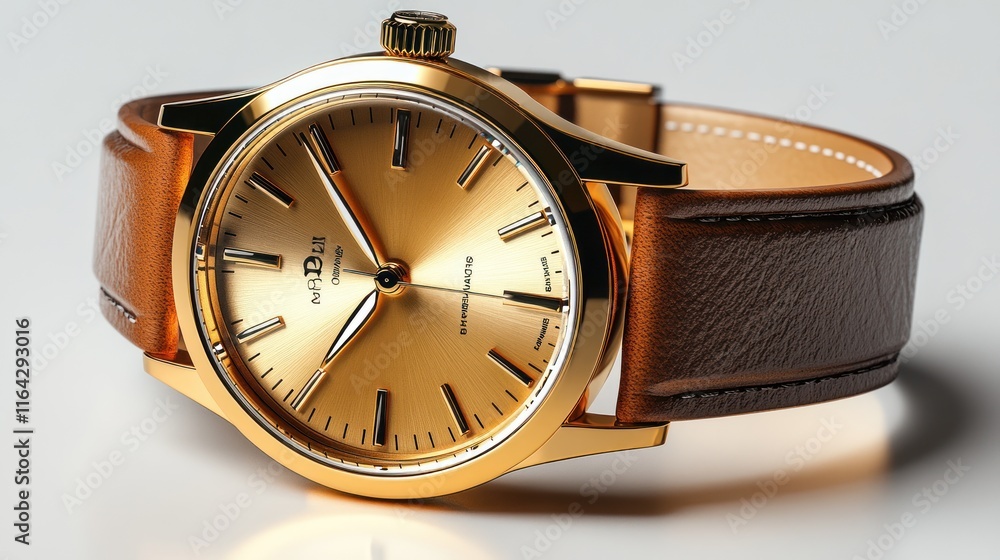 A stylish gold wristwatch with a brown leather strap, showcasing elegance and functionality. A stylish gold wristwatch with a brown leather strap, showcasing elegance and functionality.