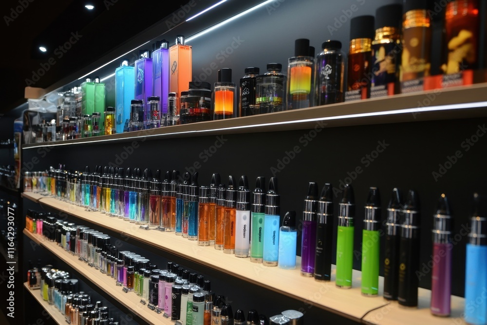 Variety of colorful essential oils displayed on a shelf in a wellness store during the day Variety of colorful essential oils displayed on a shelf in a wellness store during the day
