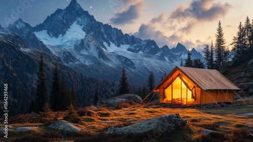 Cozy tent illuminated at dusk surrounded by majestic mountains and lush forest