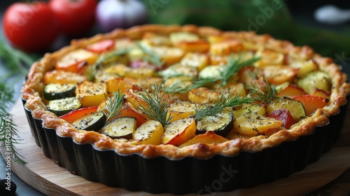Delicious vegetable tart with colorful layers of zucchini, tomato, and bell p...