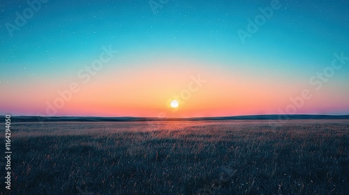   The sun sets over a vast field with tall grass in the foreground and a blue sky in the background