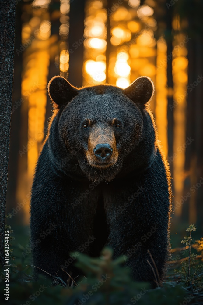 Majestic bear standing in a forest as the golden sun sets behind the trees Majestic bear standing in a forest as the golden sun sets behind the trees