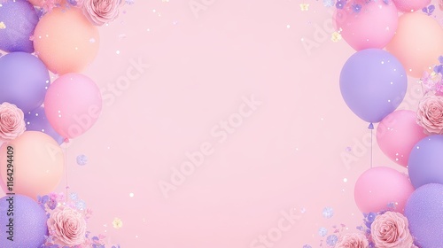 A festive background featuring pastel balloons and floral accents, perfect for celebrations and events.