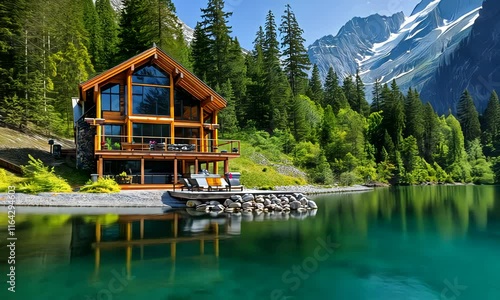 Beautiful modern house by a lake surrounded by forest and mountains