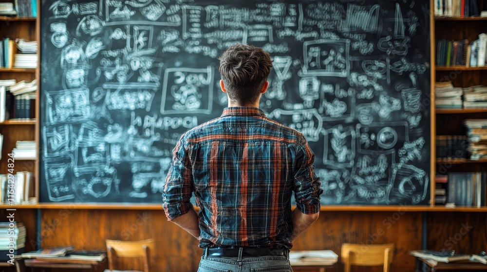 Male student studying in front of a chalkboard filled with creative ideas and sketches. Male student studying in front of a chalkboard filled with creative ideas and sketches.