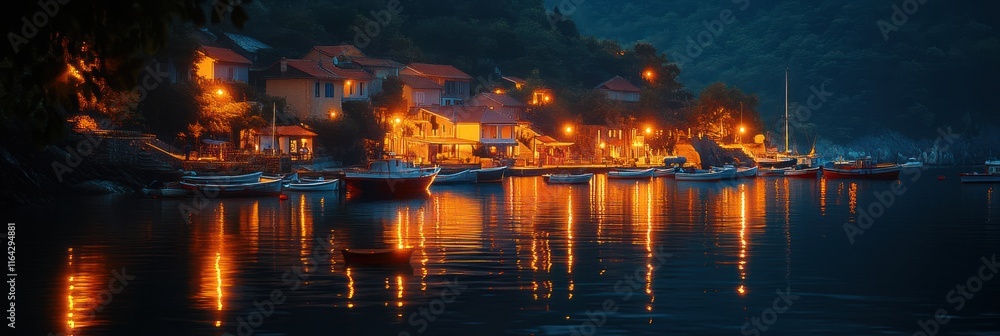 Nighttime Harbor Village Boats Lights Reflections Nighttime Harbor Village Boats Lights Reflections