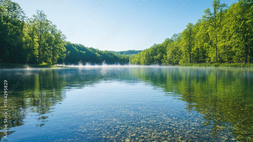 Obraz premium Tranquil forest lake with clear water and misty morning reflections