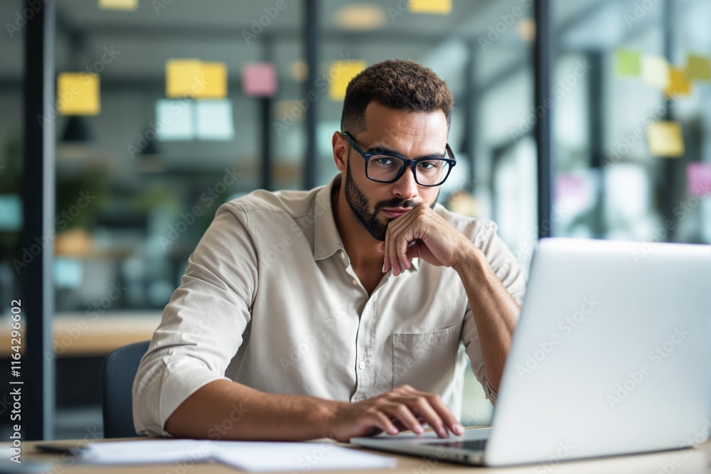 Focused man working on a laptop in a modern office environment with bright lighting and colorful sticky notes in the background. Focused man working on a laptop in a modern office environment with bright lighting and colorful sticky notes in the background.