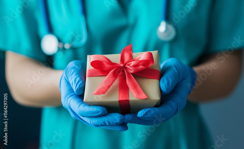 Medical professional in scrubs and gloves holding a gift box wrapped with a red ribbon bow, symbolizing care and gratitude. photo