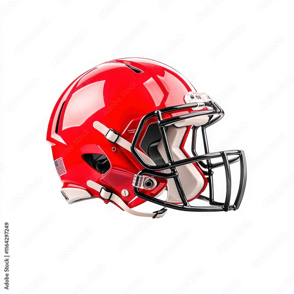 Fototapeta premium A vibrant red football helmet isolated on a white background, symbolizing competitive spirit and athleticism in sports.