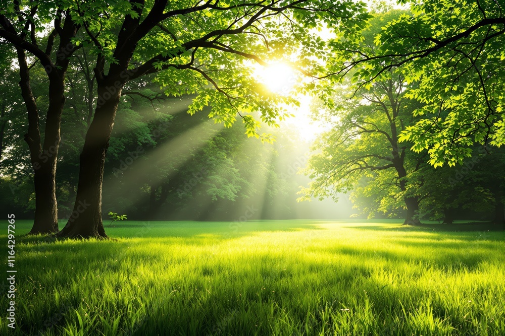 Fototapeta premium Sunlight streaming through lush green trees in a serene forest setting.