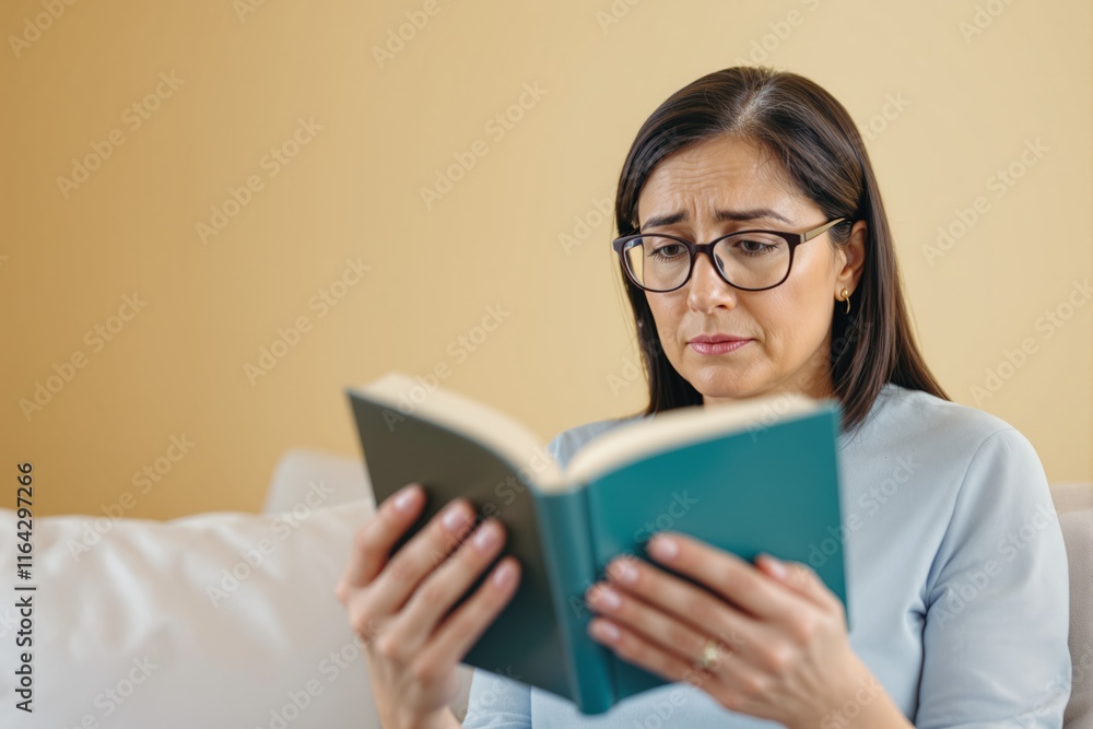 Woman reading a book with a concerned expression on a beige background. Woman reading a book with a concerned expression on a beige background.