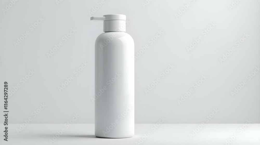 A white pump bottle stands on a white surface against a light gray background with copy space A white pump bottle stands on a white surface against a light gray background with copy space