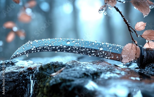 A curved blade lies on a moss-covered rock amidst a misty forest. Droplets bead on its surface, while leaves softly cling to branches in the background, creating a serene atmosphere photo