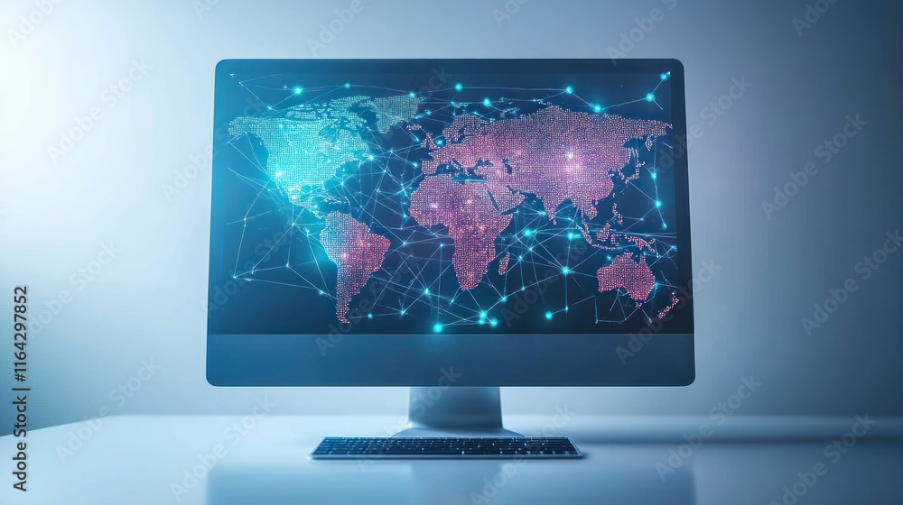 Global network connection displayed on computer screen. Global network connection displayed on computer screen.