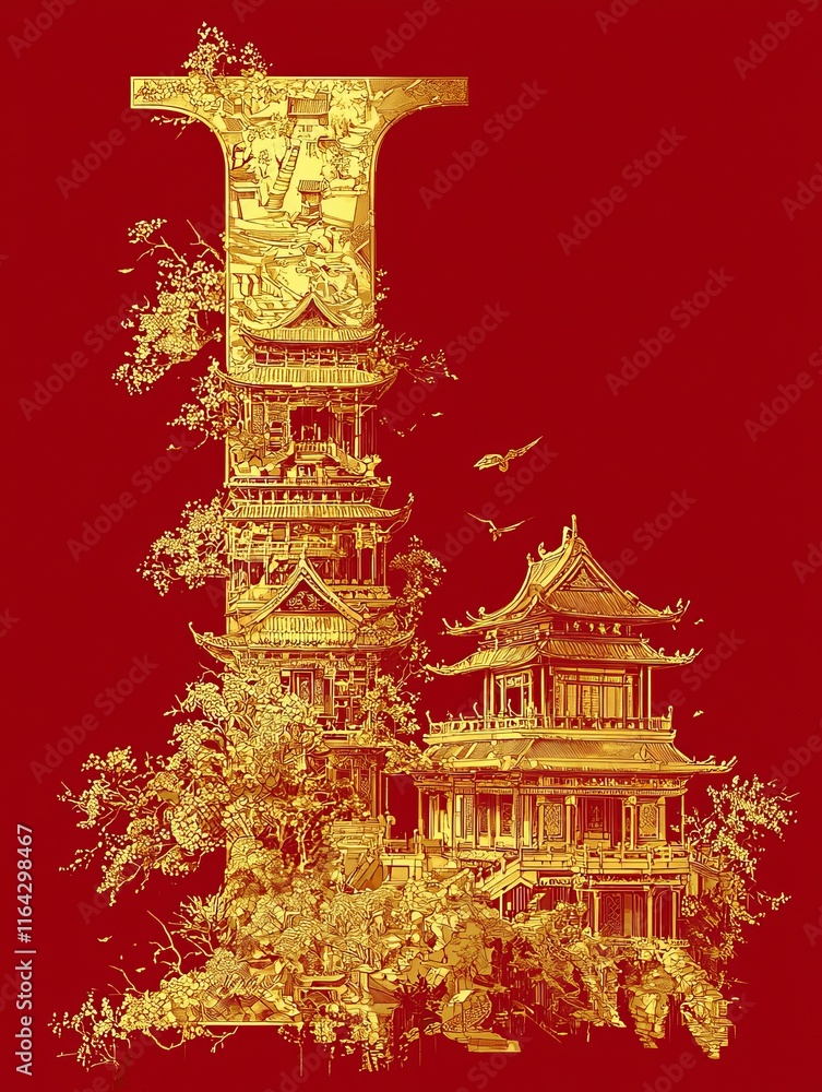 Obraz premium A series of golden illustrations of famous Chinese architecture form the shape of the letter L, with a pure red background, fine texture, more details, and realism 