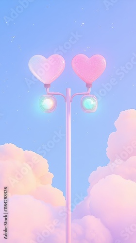 A whimsical image of pastel-colored heart-shaped balloons on a light pole, surrounded by fluffy clouds against a soft blue sky.