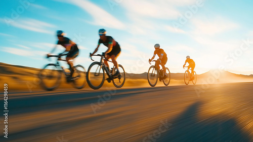 Group of cyclists racing on a sunny road with motion blur and a vibrant golden-hour backdrop. photo