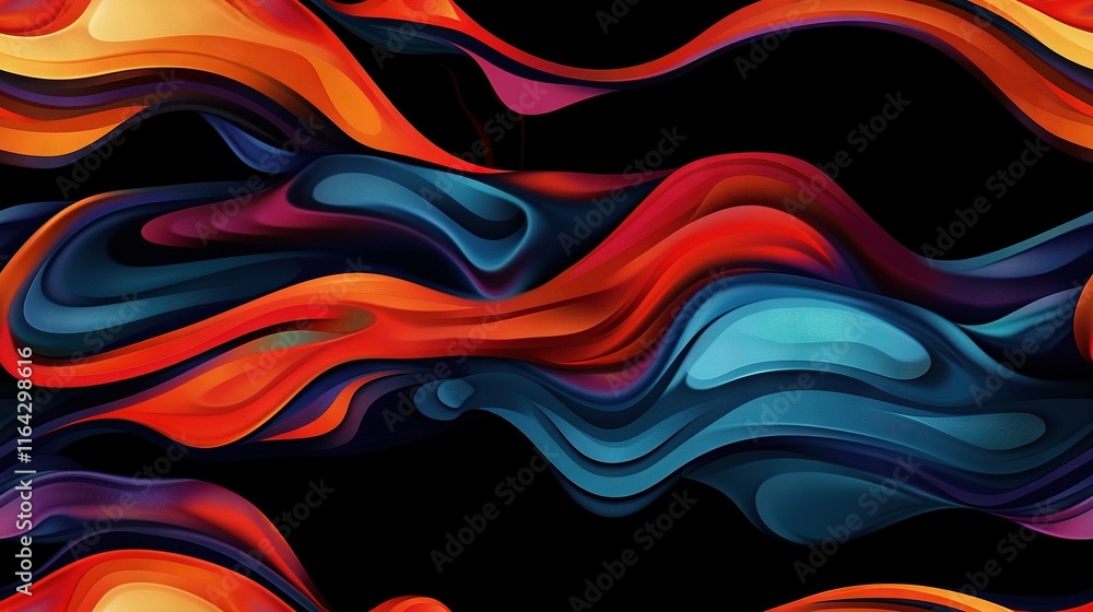 Fototapeta premium A black background with wavy patterns in orange, blue, and red on the left side, and an orange and blue wavy pattern on the right side