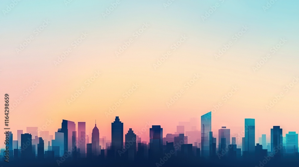 A city silhouette at sunset with a pink-blue sky in the background and a yellow-blue sky in the foreground A city silhouette at sunset with a pink-blue sky in the background and a yellow-blue sky in the foreground