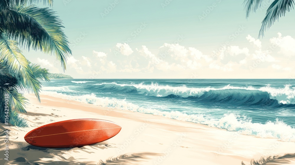 Obraz premium Red surfboard on tropical beach under palm trees.