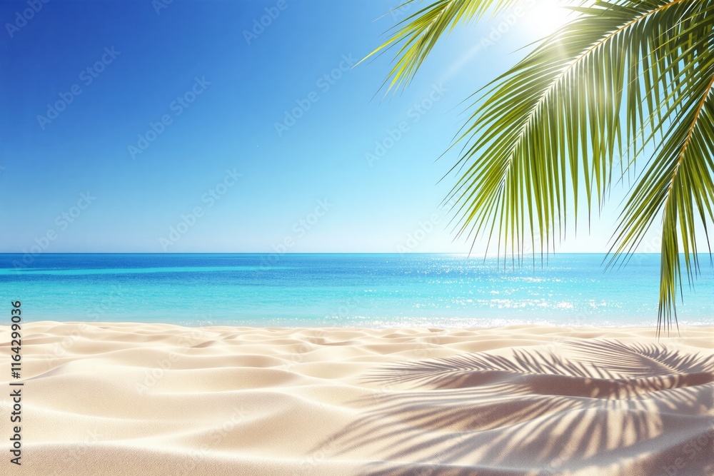 Serene tropical beach scene with sunlight reflecting on calm ocean waters. Serene tropical beach scene with sunlight reflecting on calm ocean waters.