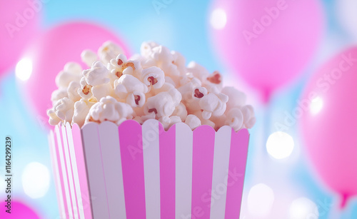 Pink and white striped popcorn box filled with popcorn, surrounded by pink balloons and a festive bokeh background. photo