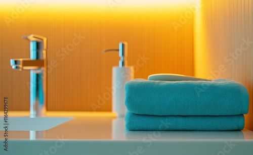 Close-up of a modern bathroom sink with a rolled turquoise towel and blurred bedroom in the background.
 photo