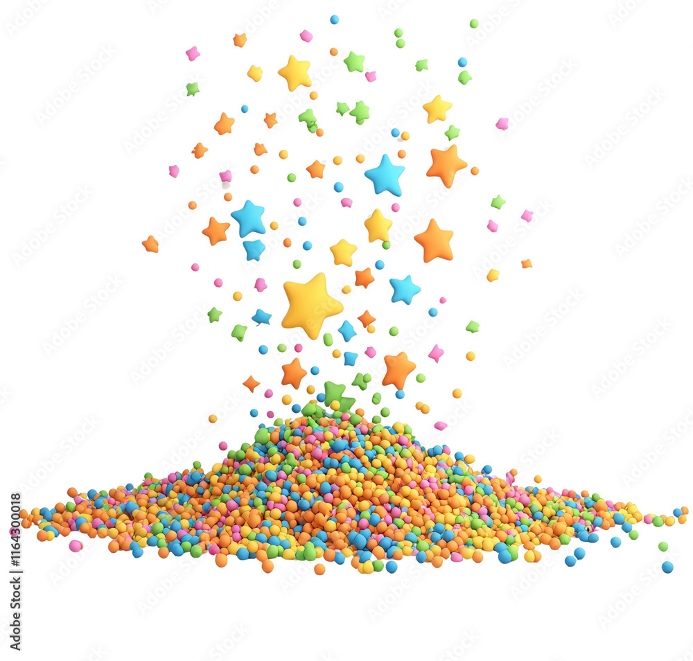Fototapeta premium Colorful stars and small beads are cascading from above, forming a vibrant mound of playful shapes.