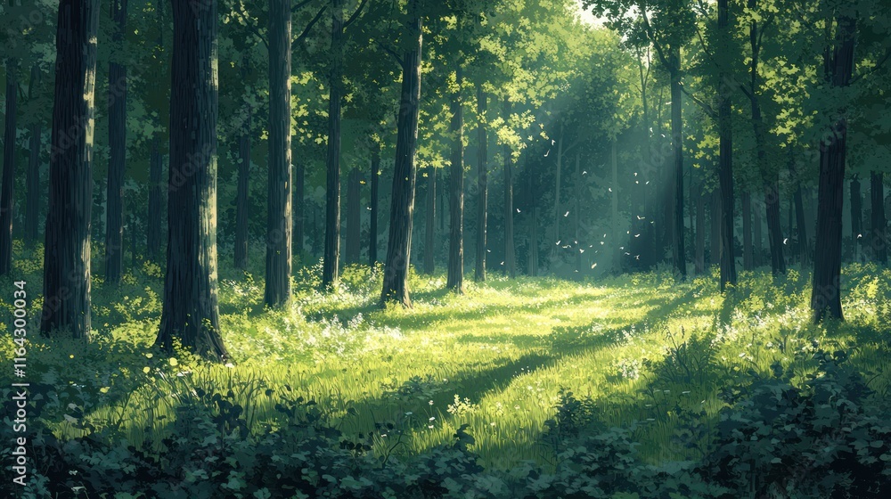Sunlit forest path, green trees, summer sunlight. Sunlit forest path, green trees, summer sunlight.