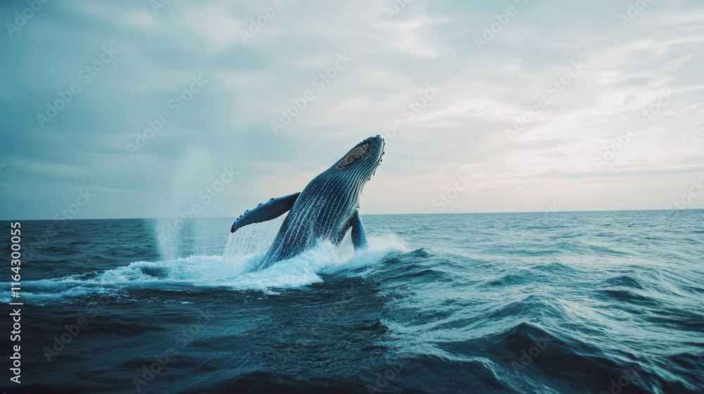 Fototapeta premium Majestic humpback whale breaching in ocean under cloudy sky at sunset
