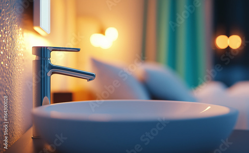 Close-up of a modern bathroom sink with a rolled turquoise towel and blurred bedroom in the background.
 photo